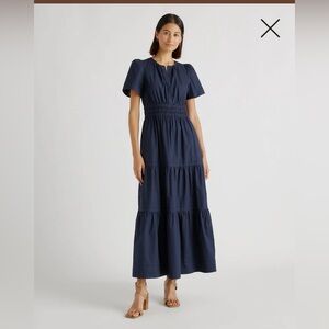 Quince 100% Organic Cotton Poplin Tiered Maxi Dress | Navy | Small | MSRP $69.90
